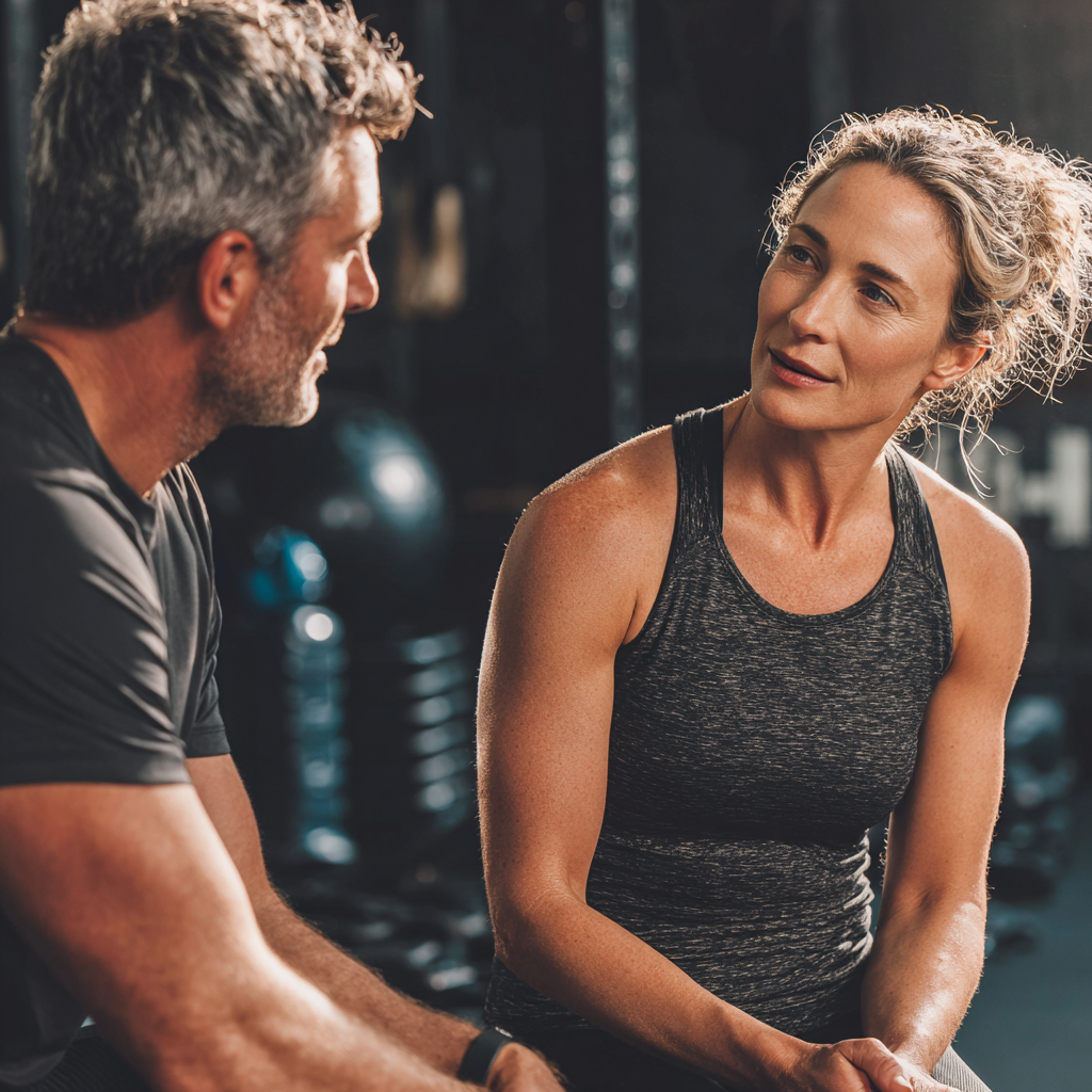Жінка 52 років проходить консультацію з тренером перед початком тренування, обговорюючи індивідуальну програму