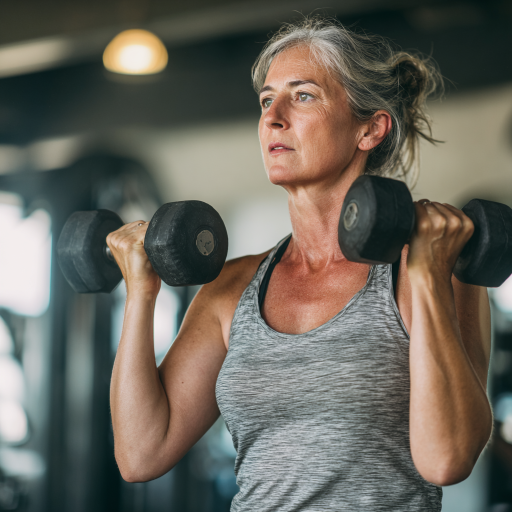 Жінка 55 років виконує силові вправи з гантелями в тренажерному залі, демонструючи правильну техніку