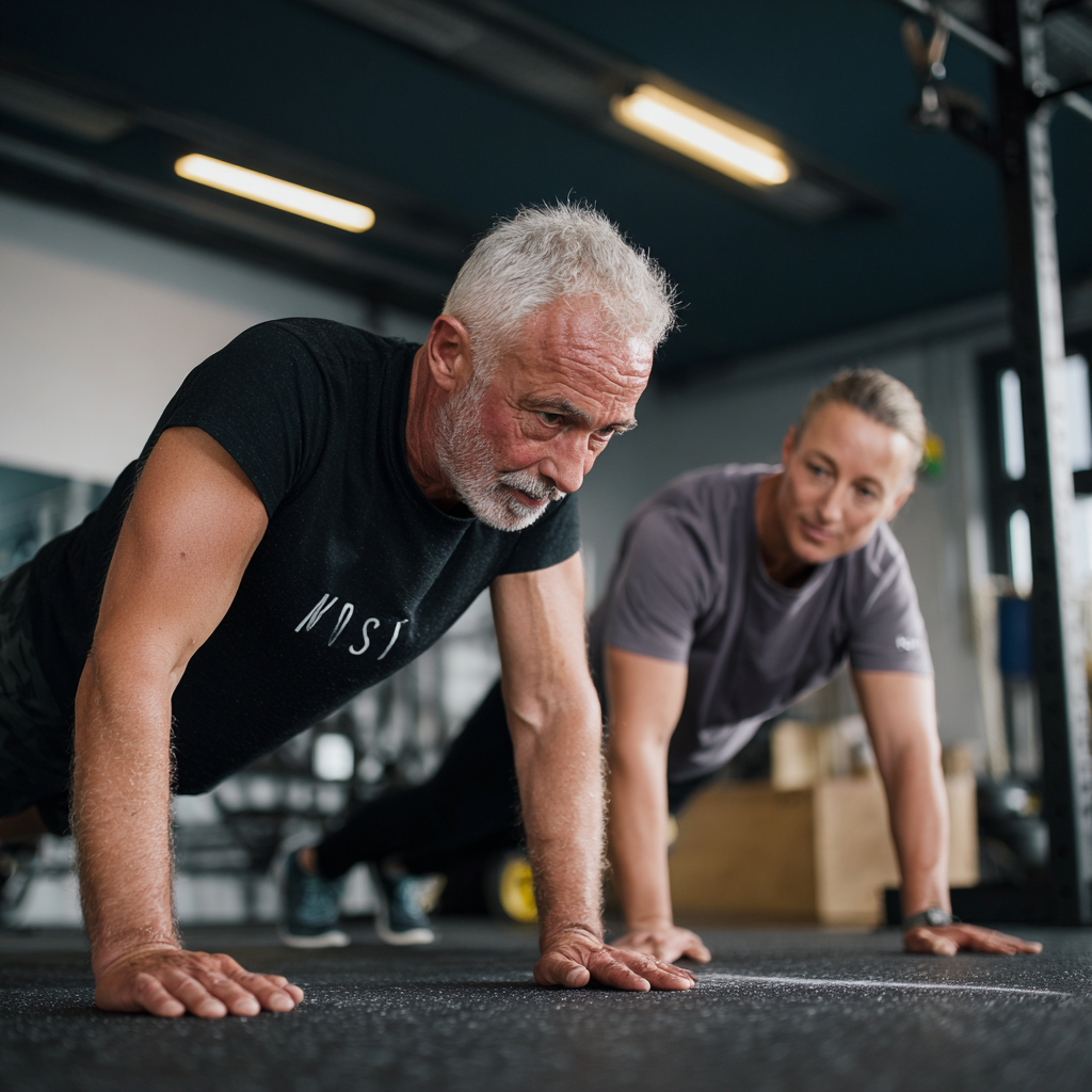 Чоловік 58 років займається кросфітом, виконуючи функціональні вправи під наглядом тренера